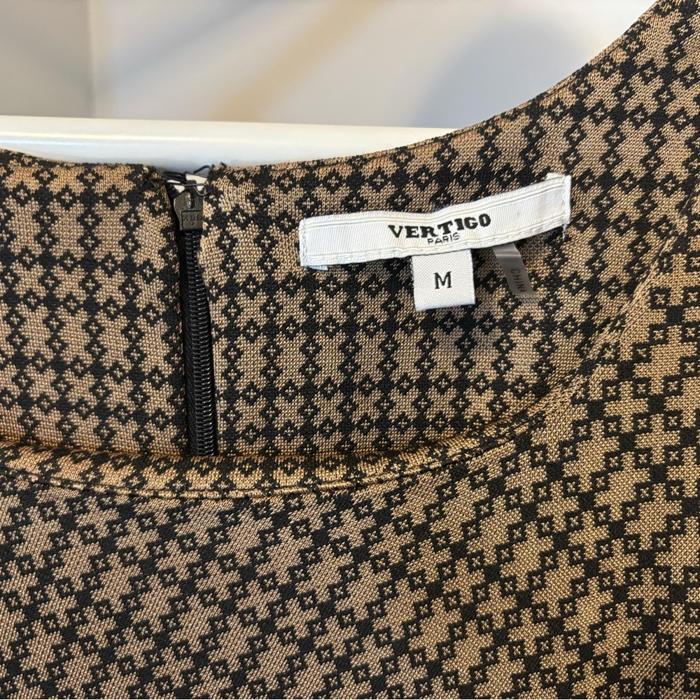 Vintage Vertigo Paris Black & Tan Geometric Midi Dress - Picture 2 of 8